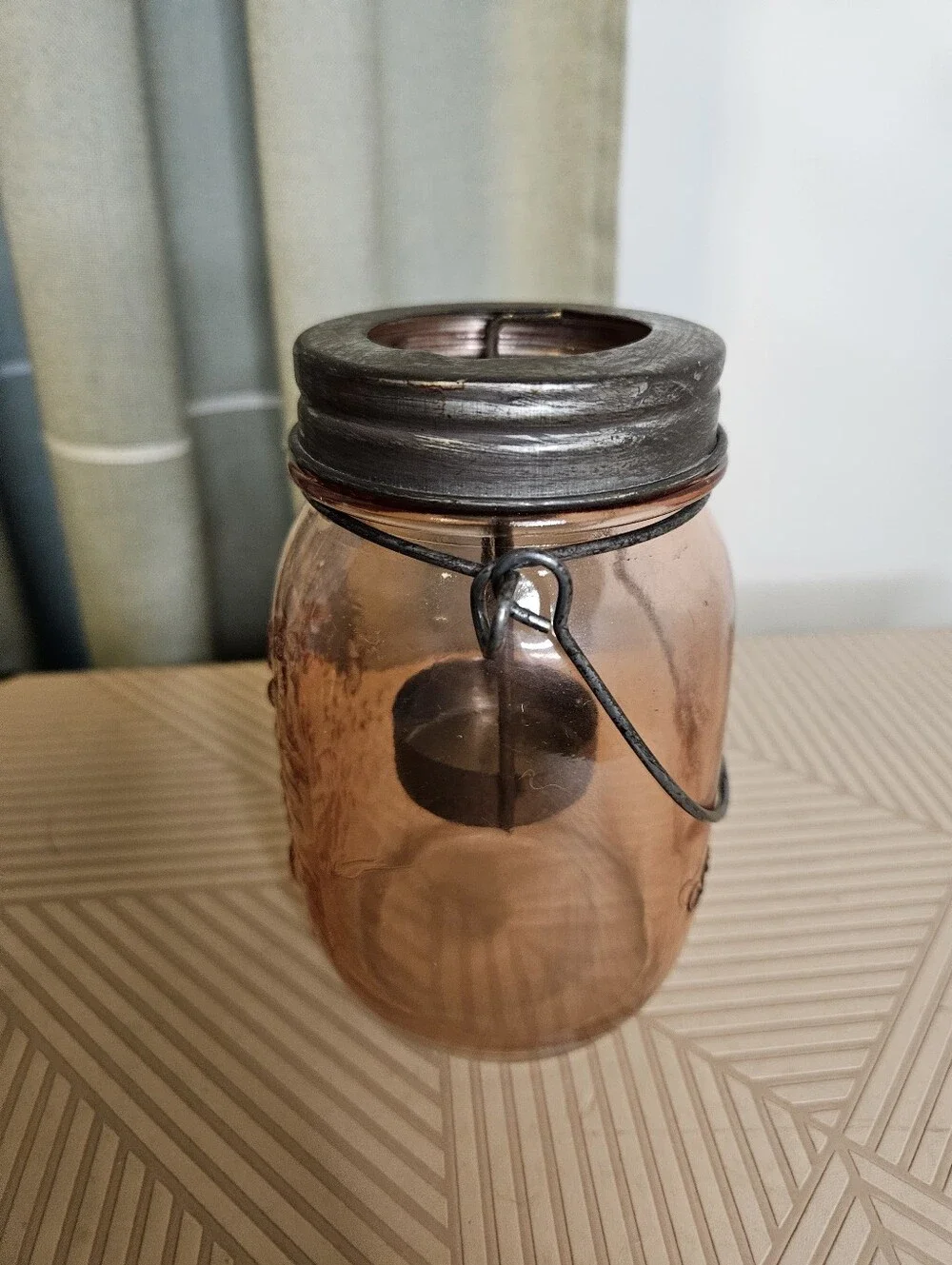 Pink Amber Glass Mason Jar Tealight Candle Holder with Metal Handle